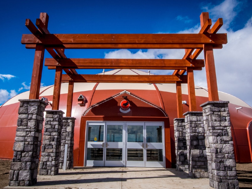 Piikani fabric structure entrance to ice rink and community center.