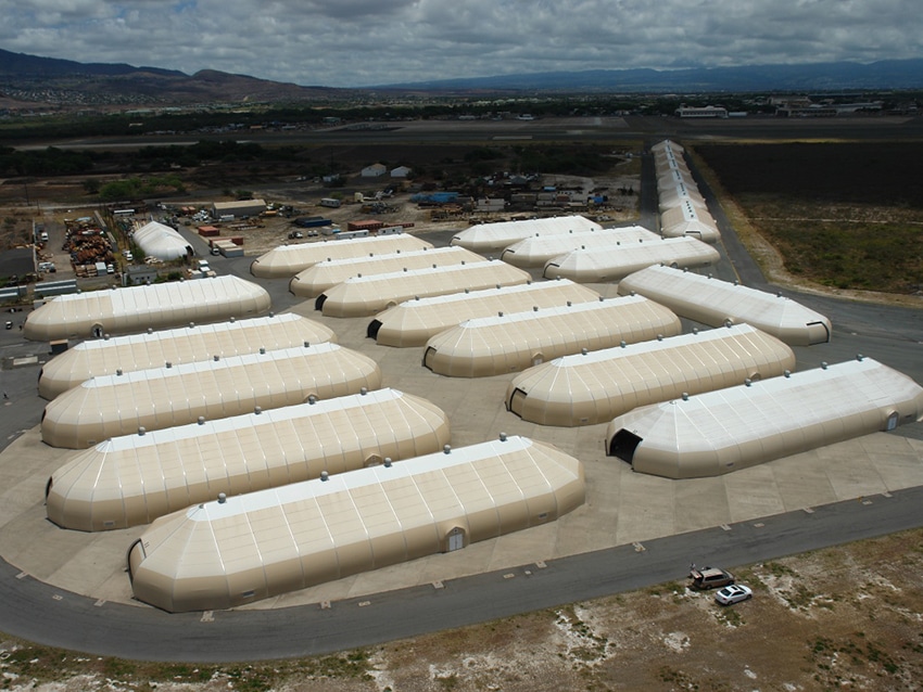 Pasha warehousing Sprung fabric buildings. Drone photo.